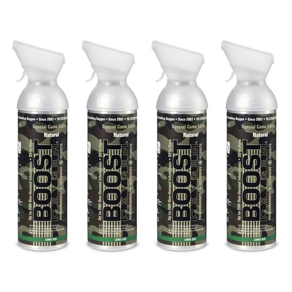 Boost Oxygen Large Natural Aroma Camo 10 Liter Canister | Respiratory Support for Aerobic Recovery, Altitude, Performance and Health (4 Pack)