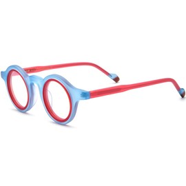 HEPIDEM Multicolor Acetate Glasses Frame Men,Round Vintage Retro Double Circle Optical Eyeglasses 9267 (9267 Matte Blue Red, Clear)