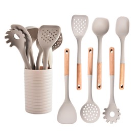Silicone Cooking Utensils Set, 8 Piece Non-stick Utensils Spatula Set with Holder,Khaki Kitchen Utensils with Wooden Handles,Heat Resistant Cooking Set Kitchen Gadgets Gifts for Mother (Khaki)