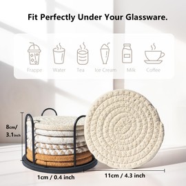 Lazebox Coasters Set of 8 for Drinks, Beer, Coffee, Cotton Woven 4 Colors Absorbent Coaster with Holder, Boho Coasters for Home Decor Tabletop Protection Suitable for Kinds of Cups, Coffee