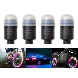 YUERWOVER 4 Pack LED Bike Wheel Lights Car Tire Valve Stems Caps Bicycle Motorcycle Waterproof Tyre Spoke Flash Lights Cool Reflector Accessories for Kids Men Women with 6 Extra Batteries(Colorful)