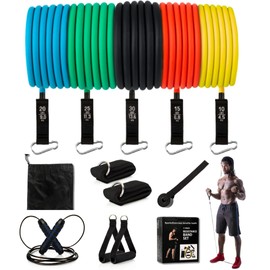 HIITLION Elastic Bands for Muscle Building + Skipping Rope, Complete Home Workout Resistance Set with 5 Different Rubber Levels for Home Gymnastics, Muscle Training and Cardio