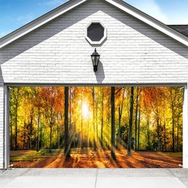 DORCEV Fall Forest Natural Scenery Garage Door Decorations Banner 7x16ft Autumn National Park Thanksgiving Party Garage Door Cover Maple Leaves Pumpkin Party Background Farm Harvest Event Supplies