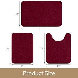 HOMEIDEAS Upgraded Bathroom Rugs Set 3 Piece, Extra Thick Absorbent Soft Memory Foam, Washable Toilet Bath Mat (Burgundy Red,17"x24"+20"x32"+U Shape 20"x24")