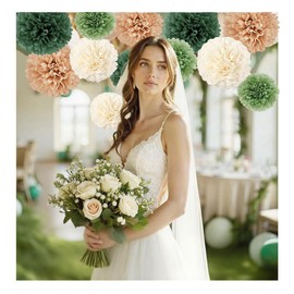 Capesaro Olive Sage Green 12 Pieces Paper Pom Poms Party Decorations for Natural Green Boho Safari Jungle Party, Hanging Tissue Paper Flowers for Engagement, Wedding, Baby Shower