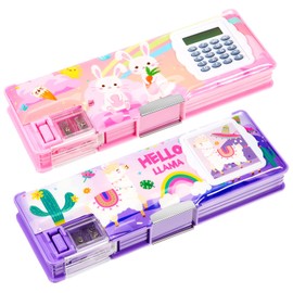 Henoyso 2 Pcs Multifunctional Pencil Box for Girls Cute Pencil Case Plastic Pencil Case with Calculator and Pencil Sharpener Pencil Pouch Gifts (Alpaca, Rabbit)