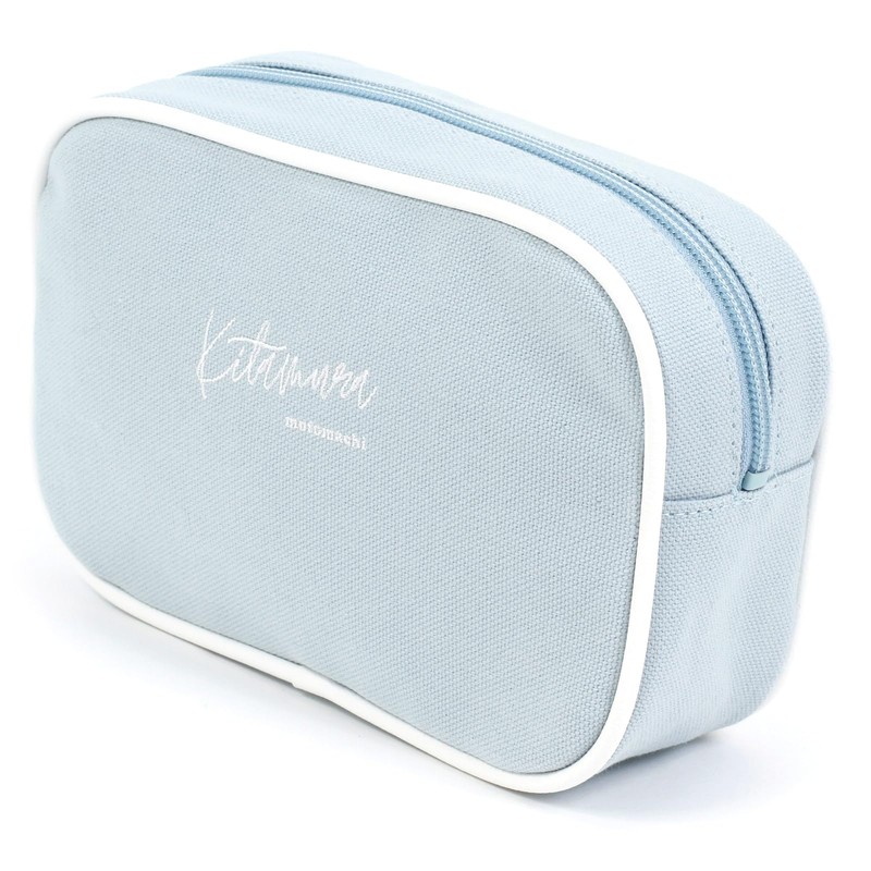 Kitamura YH0218 Handwritten Logo Embroidered Large Pouch, Ice Blue/White [Blue]