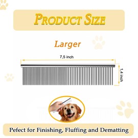 Dog Comb and Cat Combs Stainless Steel Teeth, Grooming Tool for Long & Short Hair, Dematting Comb for Dogs, Removes Tangles & Knots (Large Silver)