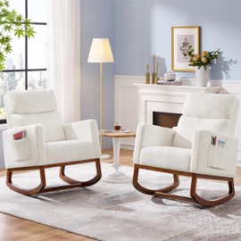 Yaheetech Boucle Living Room Chair, Modern Upholstered Rocking Accent Chair, Glider Chair Nursery Chair with Side Pocket and High Back Armchair for Living Room Bedroom Lounge, Ivory