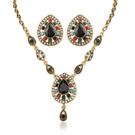 la luen Vintage Necklace Earrings,Faux Gemstone Exaggerated Jewelry Set Gold Plated Indian Dubai Retro Jewelry For Mom(2 Pieces Set) (Black Teardrop-A)