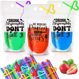Nuenen 500 Pack Plastic Drink Pouches with Straws Funny Saying Disposable Juice Bags for Adults alcohol Stand up Zipper Drinking Pouches for Smoothie Coffee Tea Bar Brewery Birthday Party, 2 Styles