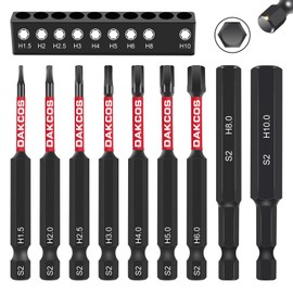 DAKCOS 75mm Long Allen Key Drill Bit Set,H1.5-H10, 9 PCS 1/4 Inch Hex Shank Hex Screwdriver Bit Set, Flat Head Drill Bits for Impact Power Tool S2 Steel