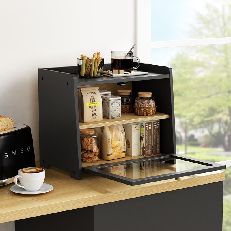 Goozii Black Bread Box for Kitchen Countertop, Large Bread Storage