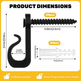 30pcs String Light Hooks Durable Anti-Rust Waterproof Light Hooks for Hanging Fairy Lights Hanging Plants Wind Chime Basket Securely Buckle Design Indoor Outdoor Use (30, Black)