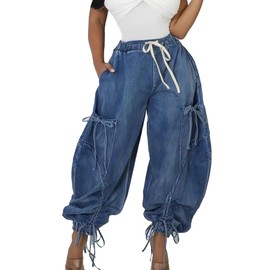 Voghtic Women's Baggy Y2K Elastic Waisted Jeans Bow-Knot Drawstring Pull-On Cargo Denim Pants Harem Pants Streetwear Blue