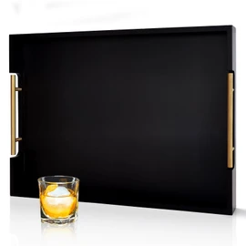 OurMiao 22 Inch Rectangle Black Ottoman Tray with Gold Metal Handles, Extra Large Wooden Serving Tray for Living Room, Coffee Table, Kitchen & Hosting