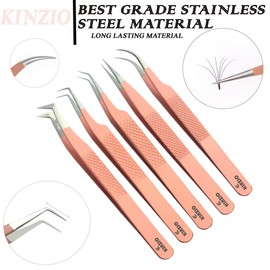KINZIO Eyelash Tweezers Set for Eyelash Extension, Set of 5, Japanese Stainless Steel, Straight Bent 45-90 Degree Volume Eyelash Tweezers (5pcs, Pink)
