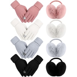 Suhine 8 Pieces Winter Ear Muffs with Gloves Sets Women Include 4 Pcs Soft Fuzzy Outdoors Adjustable Earmuffs 4 Pairs of Warm Gloves in Cold Weather for Women Girls