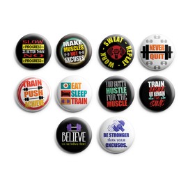 Creanoso Gym Motivation Button Pins (1-Set X 10 Buttons) - Fun Classroom Reward Incentives for Students and Children - Stocking Stuffers Party Favors & Giveaways for Boys, Girls, Kids, Teens