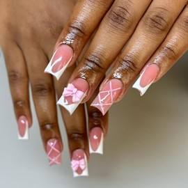French Tip Press on Nails Medium Fake Nails Glossy Bow Designs Full Cover Pink Nails Cute False Nails Stick on Nails for Women Girls Manicure Decorations (Style-30, 24 Pcs)