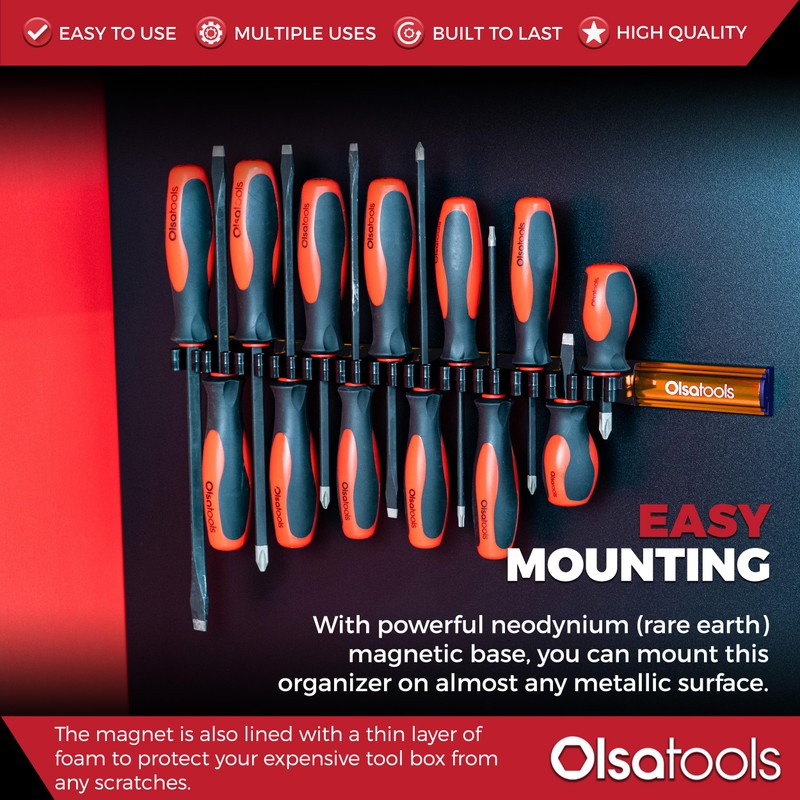 Olsa Tools Magnetic Screwdriver Rail Organizer| Professional Quality Magnetic Tool
