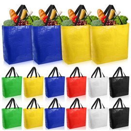 Nagpew 12 Pieces Reusable Grocery Bags, XL Heavy Duty Plastic Shopping Bag Bulk, Hold up to 80 Lbs, Waterproof Multicolor Tote with Handles for Fruit, Vegetable, Cans, Bottles