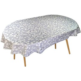 Karina Home Oval Wipe Clean Tablecloth Honesty Floral Leaves Grey Vinyl PVC 180cm x 140cm Oval