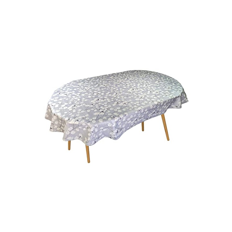 Karina Home Oval Wipe Clean Tablecloth Honesty Floral Leaves Grey