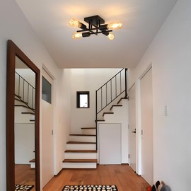 Pheashine Industrial Vintage Ceiling Light, 4-Light Semi Flush Mount Ceiling Lamp with E27 Sockets, Black Retro Chandelier for Kitchen, Bedroom, Dining Room, Farmhouse Lighting