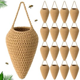 16 Pack 13x8 Inche Extra Large Crochet Fake Wasp Nest Decoys Bulk Hanging Imitation Hornet Wasp Hive Nests Decoy Patio Eaves Decoration for Outdoor Keep Away from Wasps, Beig