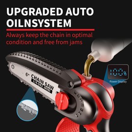 KOLENDA Cordless Mini Chainsaw 6-Inch with Electronic Oil Outlet & LCD Display, 900W 2000mAh Battery, Portable Handheld Electric Chainsaw for Tree Cutting, Courtyard, Garden (2 Batteries Included)