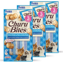 INABA Churu Bites for Cats, Soft Baked Chicken Churu Filled Cat Treats with Green Tea Extract, 0.35 Ounces Each Tube, 9 Tubes Total, Tuna with Scallop Recipe