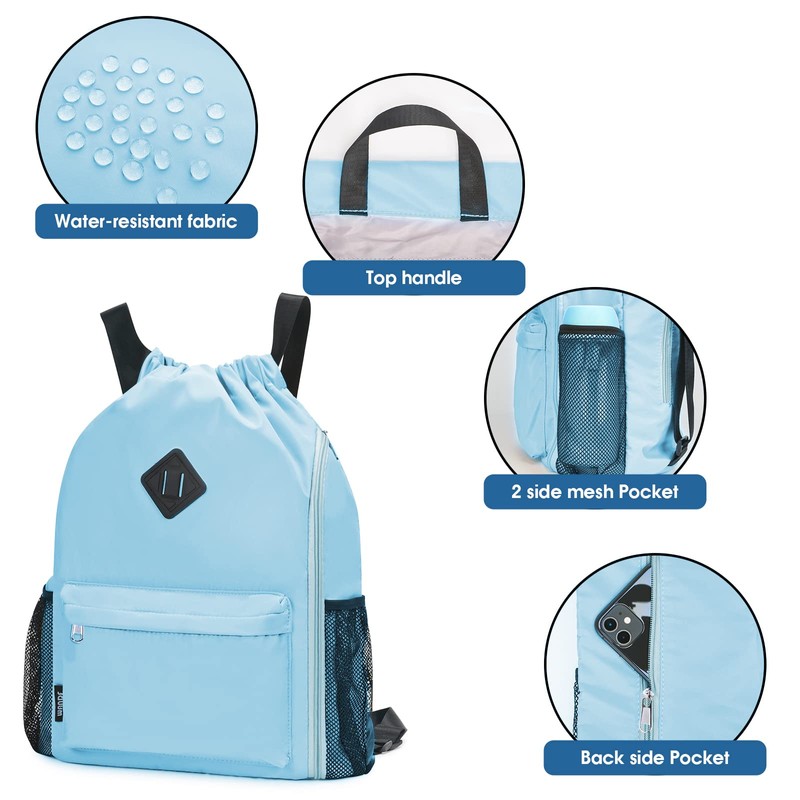WANDF Drawstring Backpack Sports Gym Bag with Shoes Compartment, Water-Resistant