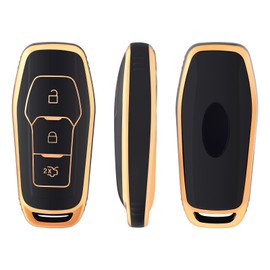 OFFCURVE Car Key Cover - Ford Focus Mondeo Mustang Fiesta Ecosport Kuga Galaxy Explorer Ranger Escort S-Max ST MK3 Compatible - 3 Button - Gold and Silver Trim - Heavy Duty Protection