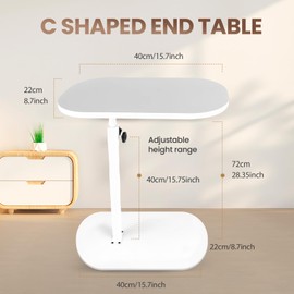 C Shaped End Table, Side Table for Sofa, End Table for Living Room, Adjustable Height TV Tray, Swivel Couch Side Table That Slides Under (White)