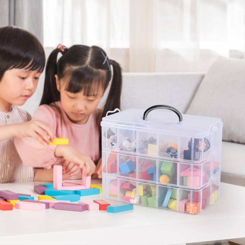 Lesbin 3-Tier Craft Storage Box, 30 Compartments Clear Plastic Craft