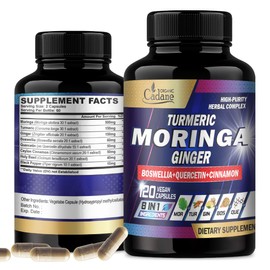 Organic Cadane Moringa Capsules with Turmeric, Boswellia, Quercetin, Ceylon Cinnamon, Holy Basil, Ginger, and Black Pepper - 8in1 Supplements - 120 Veggie Caps for 2 Months Supply