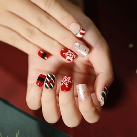 Gangel Short Square False Nails Christmas Glitter Fake Nail Snowman Full Cover Nails Sparkly Snowflake Fake Nails Acrylic Press on Nails Xmas Party Accessories Gifts for Women and Girls 24Pcs (Type A)