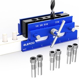 BLEKOO Upgraded 6.7 inch Self Centering Doweling Jig Kit (Blue), Drill Jig For Straight Holes Biscuit Joiner Set With 6 Drill Guide Bushings, Adjustable Width Drilling Guide Power Tool Accessory Jigs