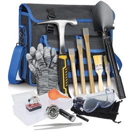 LASUK 40PCS Geology Rock Pick Hammer Kit, Gold Mining & Prospecting Equipment Tool, including 32oz Hammer & 3 PCS Digging Chisels Set, Shovel, Wooden Chisel, magnifying glass, Whistle, goggles