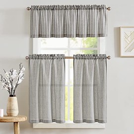 JINCHAN Kitchen Curtains and Valances Set Striped Tier Curtains Ticking Stripe Linen Curtains Pinstripe Cafe Curtains 36 Inch Living Room Bathroom Farmhouse 3 Piece Set Rod Pocket Black on Beige