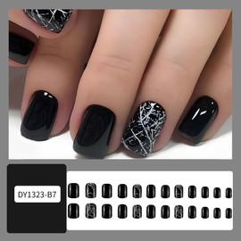 24Pcs CEWEWP Short Press on Nails Black Square False Nails Artificial Acrylic Nails with White Cracks Design Fake Nails Full Cover Stick on Nails Glossy Reusable Coffin Nails Glue on Nails for Women