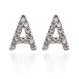 Azia Jewelry 925 Sterling Silver Stud Earrings For Women, 14k Gold Plated CZ Diamond Stud Sensitive Earrings Letter A, Silver Color