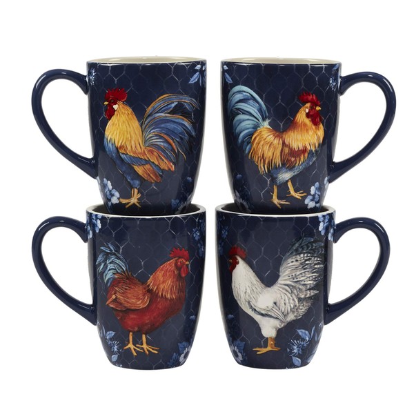 Certified International Indigo Rooster 22 oz. Mugs, Set of 4, 4 Count (Pack of 1), Multicolor