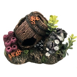 Top Fin Bubbler Underwater World Aquarium Ornament. Barrel with Coral and Plastic Plants.