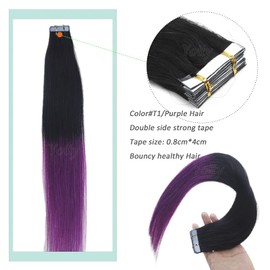 Seamless Tape in Human Hair Extensions Invisible Skin Wefts Brazilian Remy Human Hair Balayage Ombre Colors 16-24inch20pieces (Ombre Black to Purple, 16inch30gram)