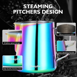 Mongdio Milk Frothing Pitcher, 12oz Milk Frother Cup with Clear Scale, 304 Stainless Steel Cappuccino Espresso Machine Accessories for Barista Coffee Bar, Coffee Steaming Pitcher 12oz/350ml - Dazzle