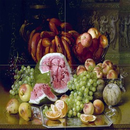 Tile Mural Fruit Picture by Robert Spear Dunning Still Life Apple pear Orange Peach Watermelon Grapes Salver Tray Kitchen Bathroom Shower Wall Backsplash Splashback 2x2 8" Ceramic, Glossy
