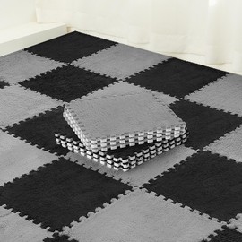 Amylove 36 Pcs Plush Foam Floor Mat Square Interlocking Carpet Tiles with Border Fluffy Play Mat Floor Tiles Soft Climbing Area Rugs for Home Playroom, 12 x 12 x 0.4 Inch(Black, Gray)