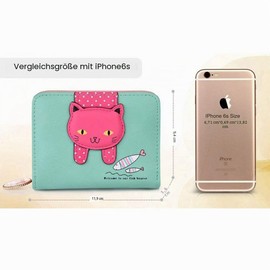 Binnan Women's Cartoon Cat Wallet, Leather Small Purse with Zip (Light Green)